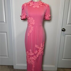 Elegant Pink Floral Appliqué Midi Dress